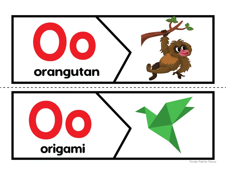 O beginning sounds: two-piece puzzles pair the Oo word halves for orangutan and origami with their picture halves