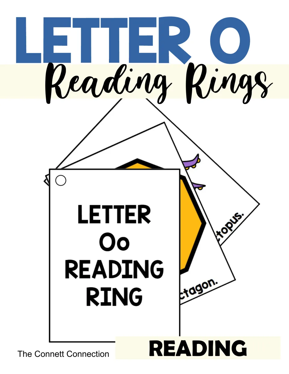 Letter O Reading Rings cover: a fanned stack of hole-punched cards with an Oo title card, octagon and octopus cards