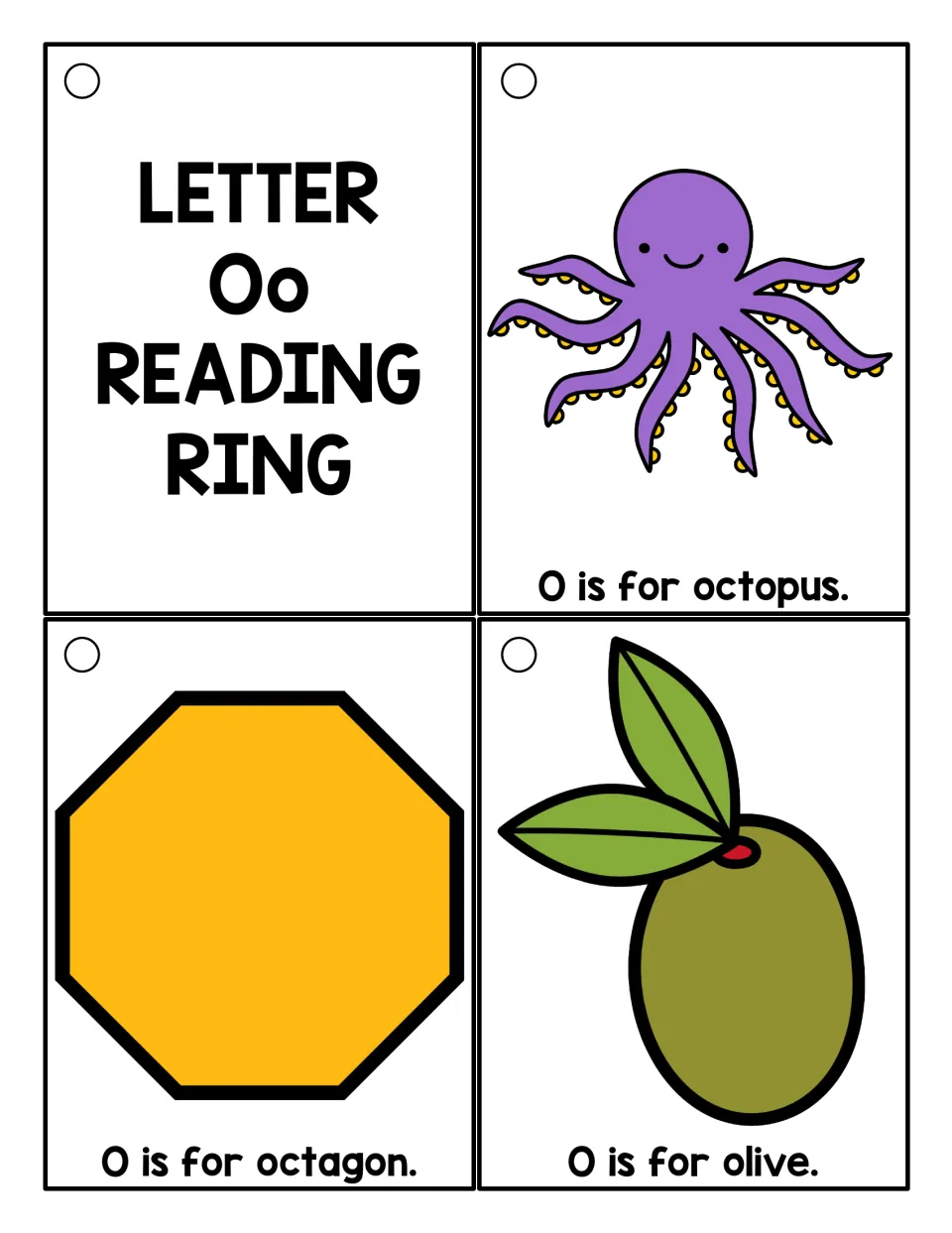 Letter O words in color: students read an Oo title card and picture cards saying O is for octopus, octagon and olive