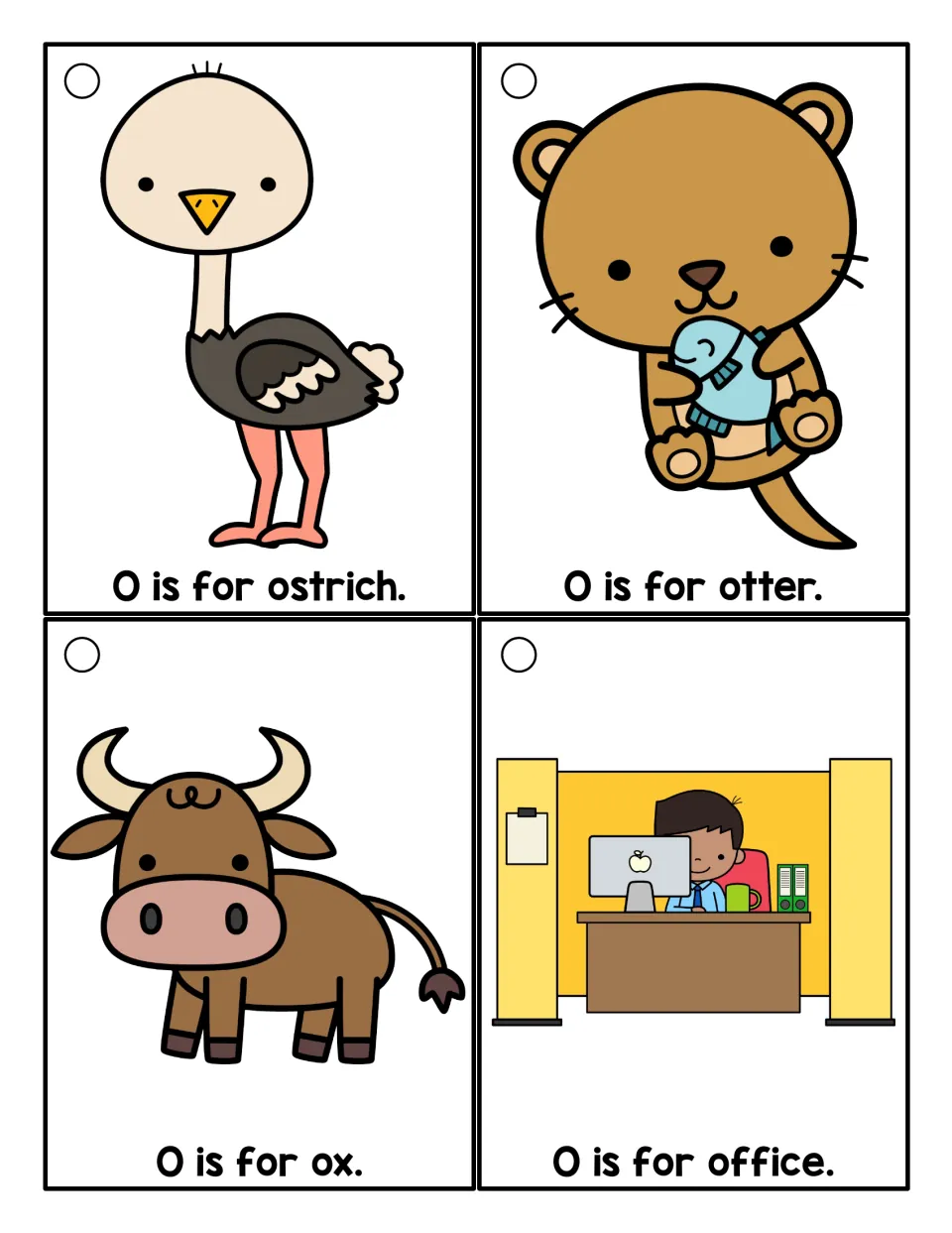 Letter O picture cards in color: students read O is for ostrich, otter, ox and office, each sentence under its picture