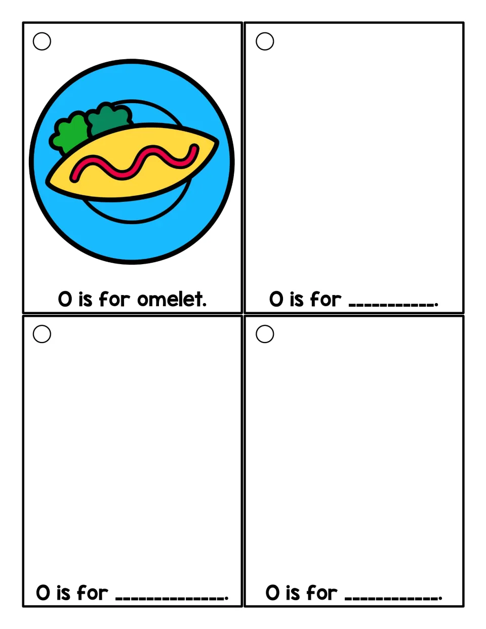 Letter O cards: students read O is for omelet, then draw and write their own O words on three blank O is for ___ cards