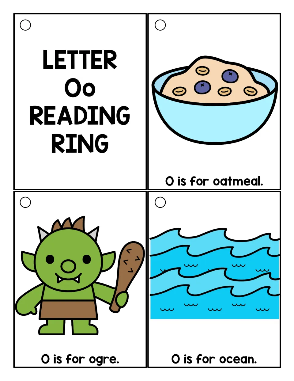 Second color Oo card set: students read a title card and picture cards saying O is for oatmeal, ogre and ocean
