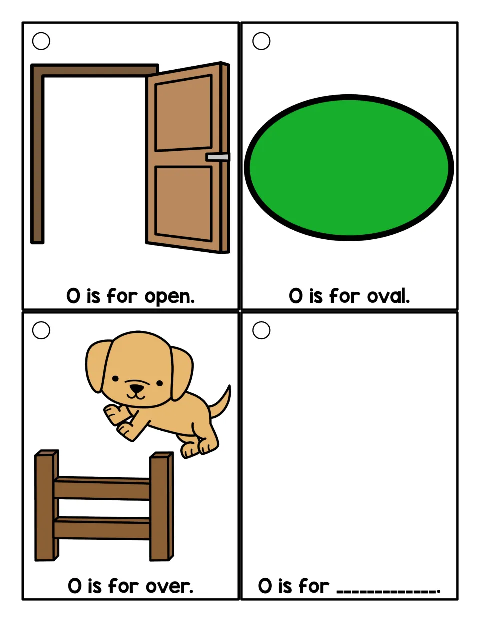 Letter O words open, oval and over: students read each picture card, then draw and label an O word on the blank card