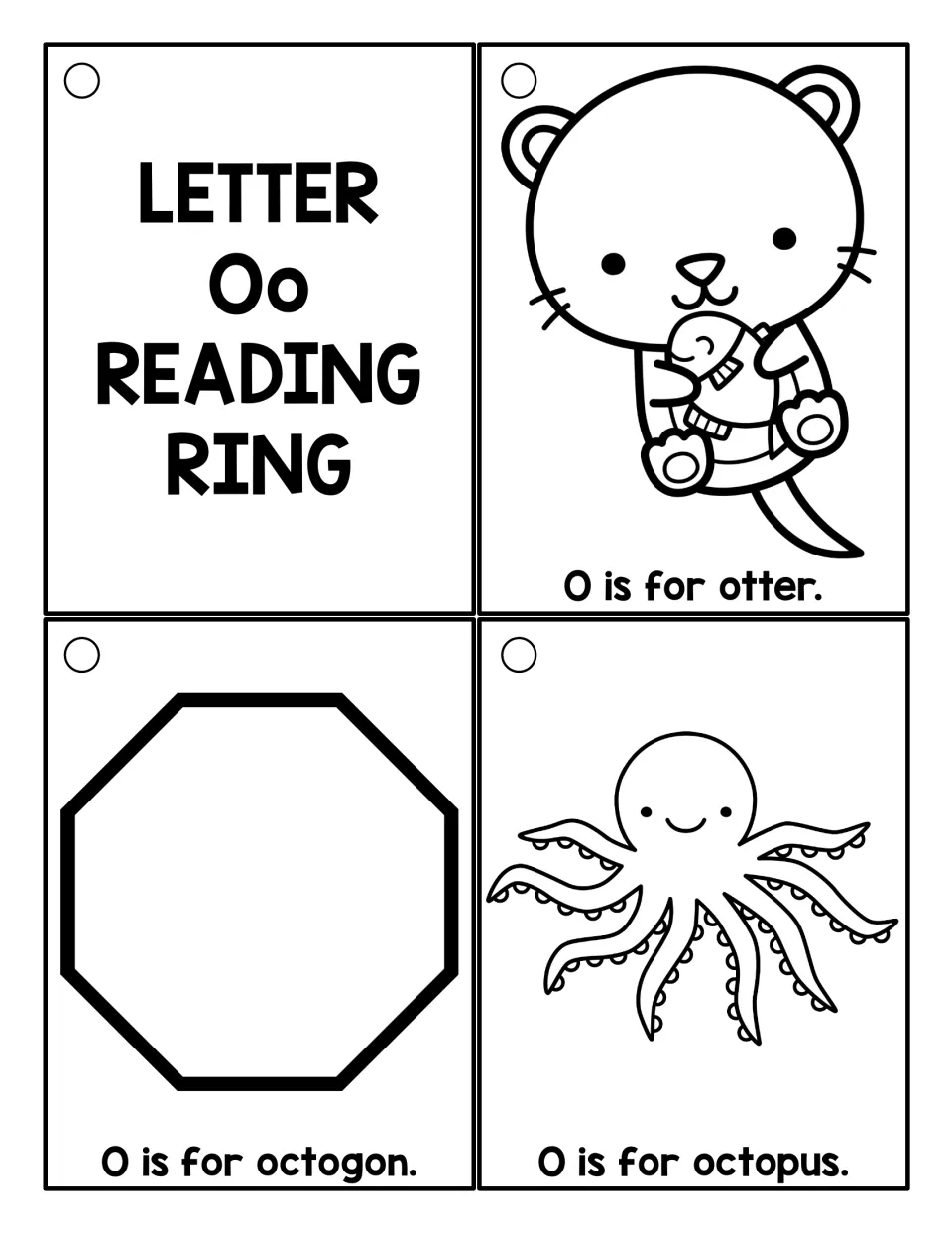 Black-and-white Oo cards to color: title card plus line art for O is for otter, octagon and octopus for reading practice