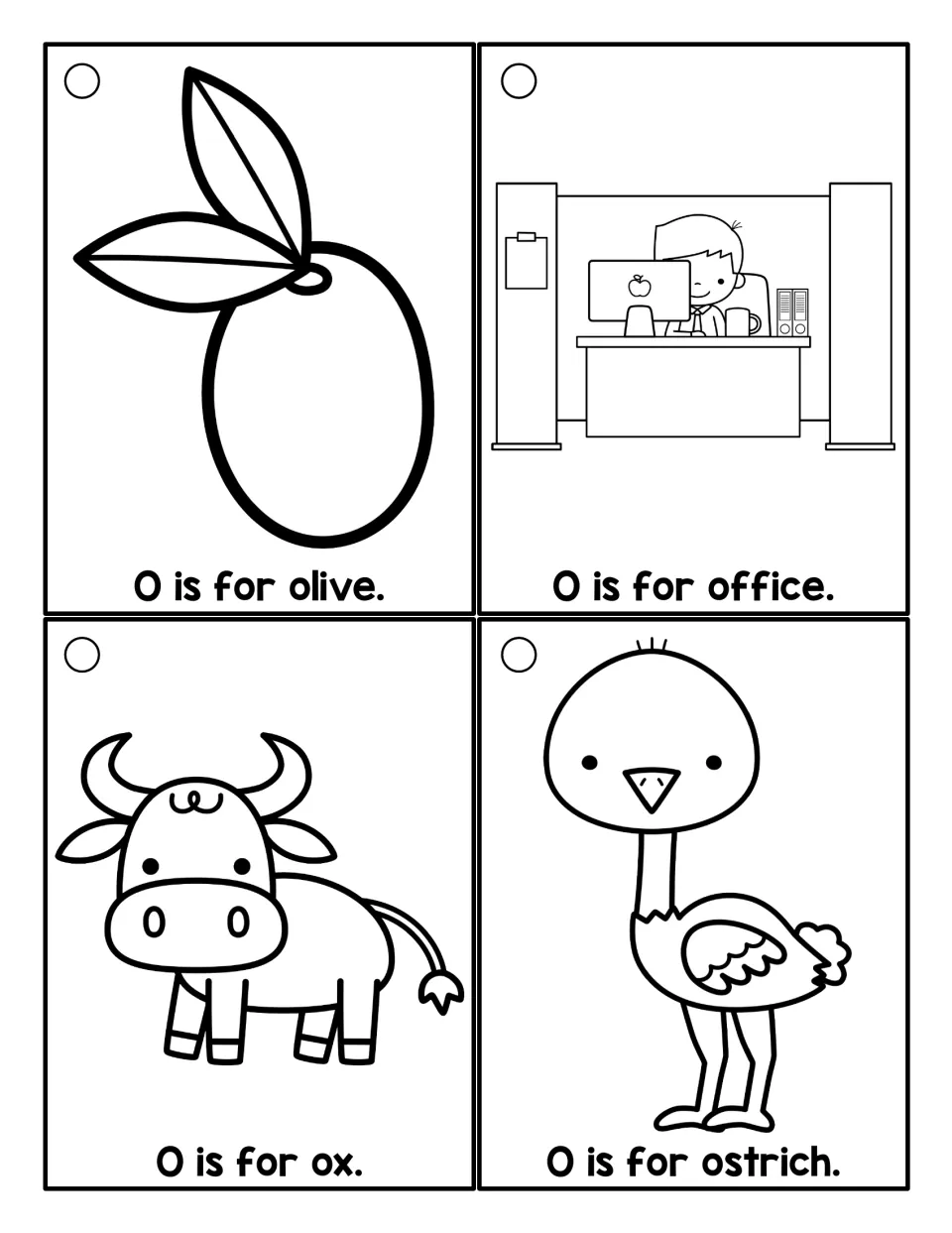 Coloring cards for letter O: students color line drawings and read O is for olive, office, ox and ostrich on each card