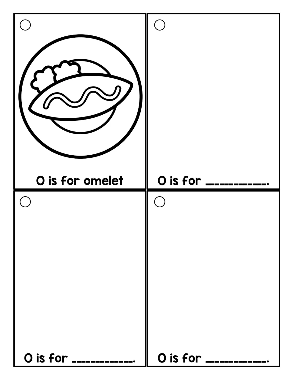 Black-and-white O cards: students color the omelet card and draw and write their own words on three blank O is for cards