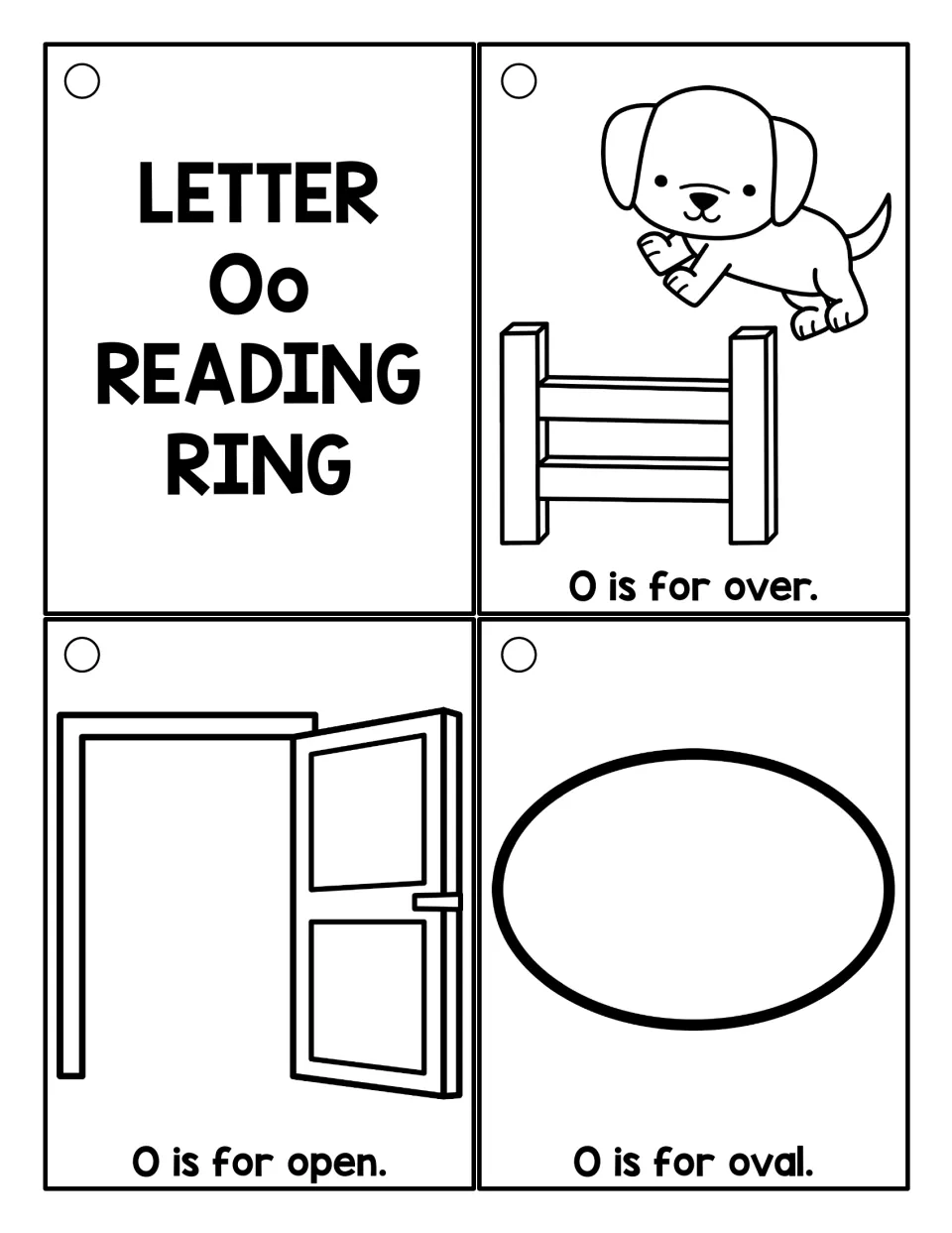 Line-art Oo ring cards: students color and read a title card and pictures for O is for over, open and oval