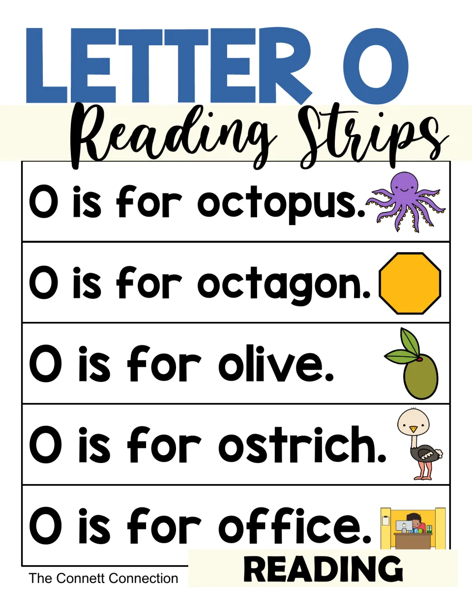 Letter O Reading Strips cover: picture-cued sentences like O is for octopus, octagon, olive, ostrich and office
