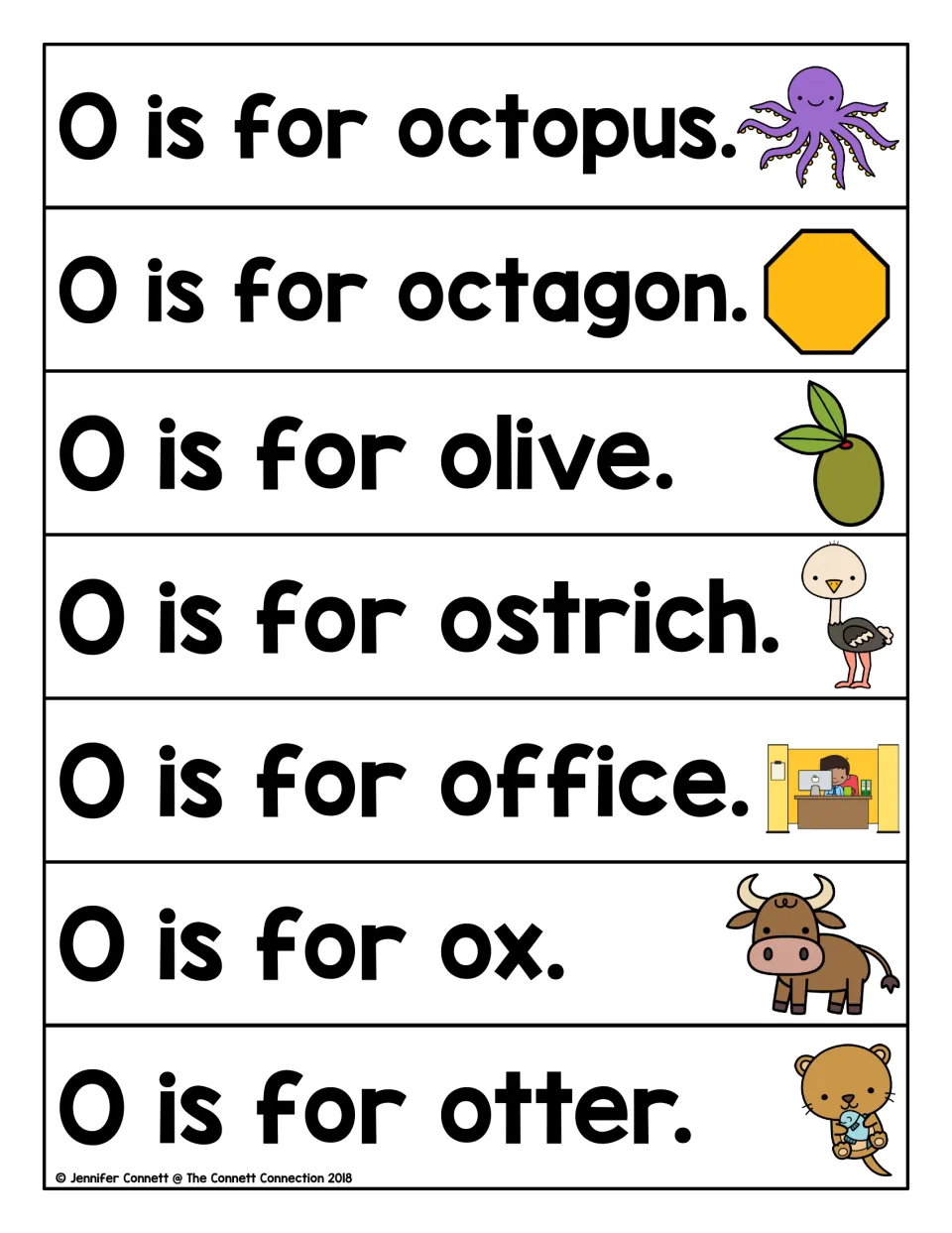 Letter O sentence strips: students read O is for octopus, octagon, olive, ostrich, office, ox and otter with picture cues