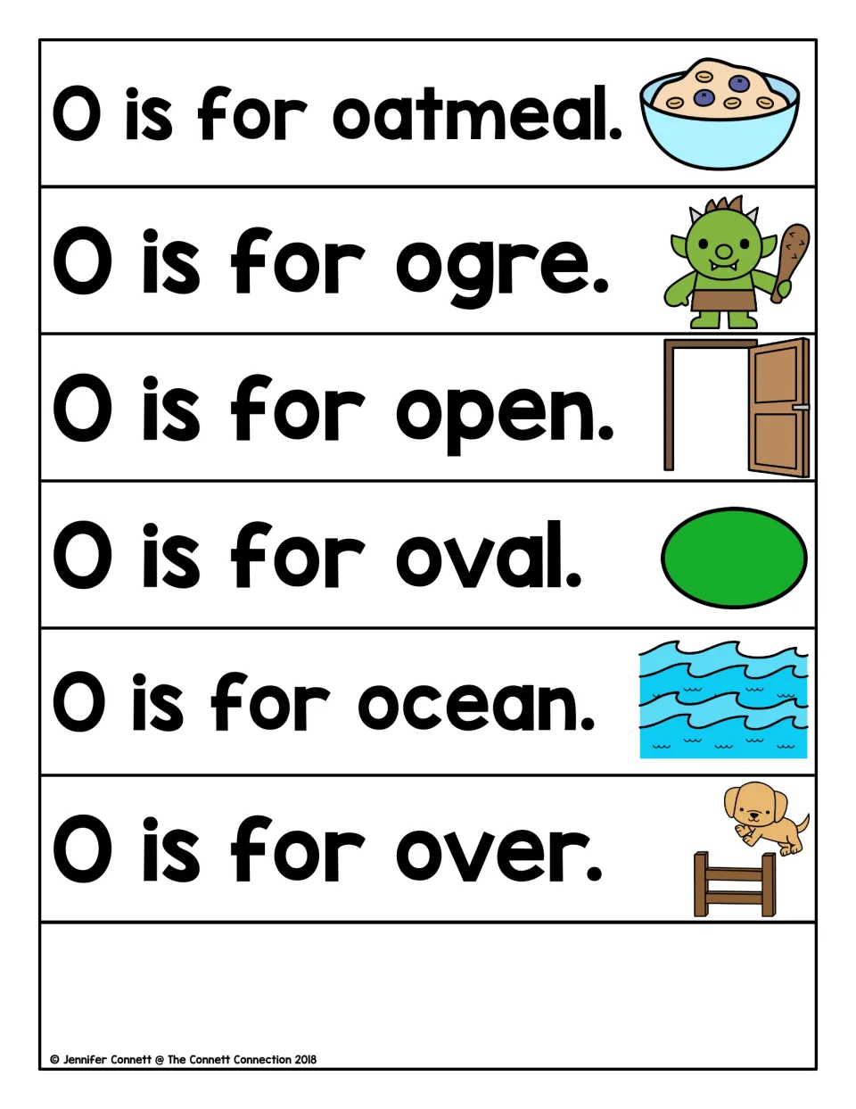 Second set of O sentences: students read O is for oatmeal, ogre, open, oval, ocean and over with picture clues