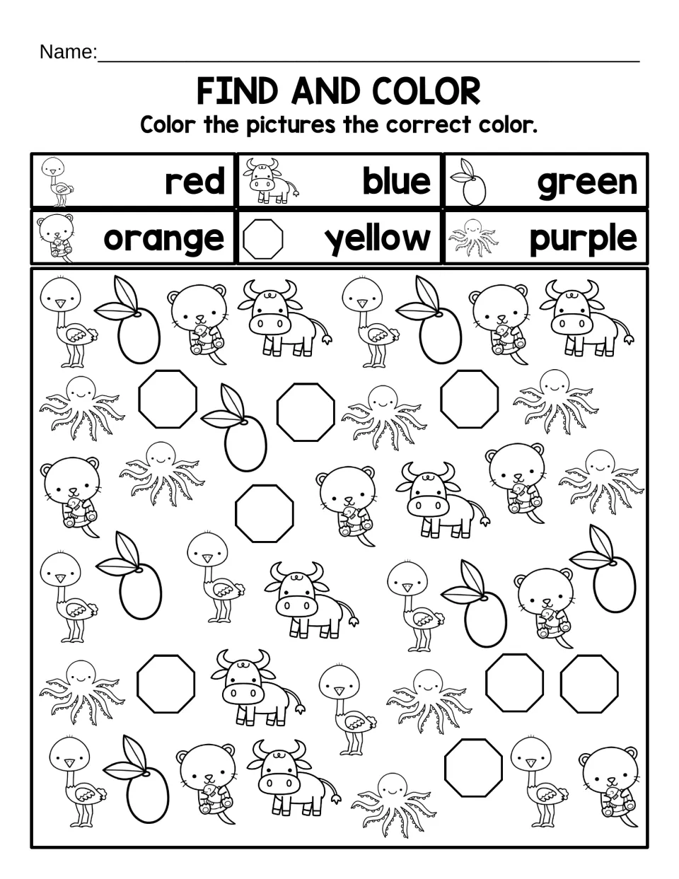 Find and Color: match ostriches, oxen, olives, otters, octagons, and octopuses to six color words.
