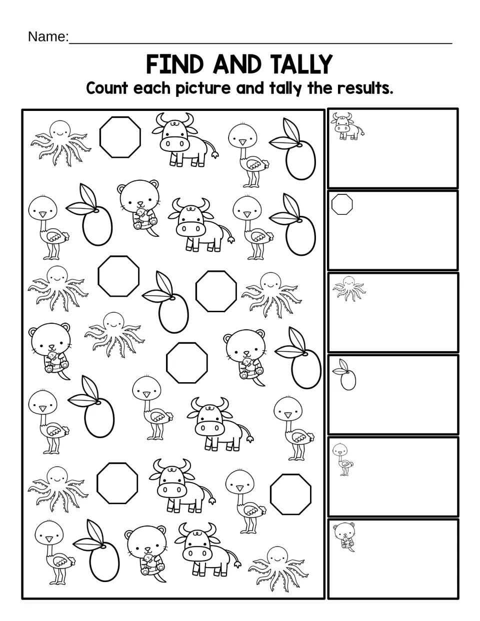 Find and Tally: count black-and-white oxen, octagons, octopuses, olives, ostriches, and otters using tallies.