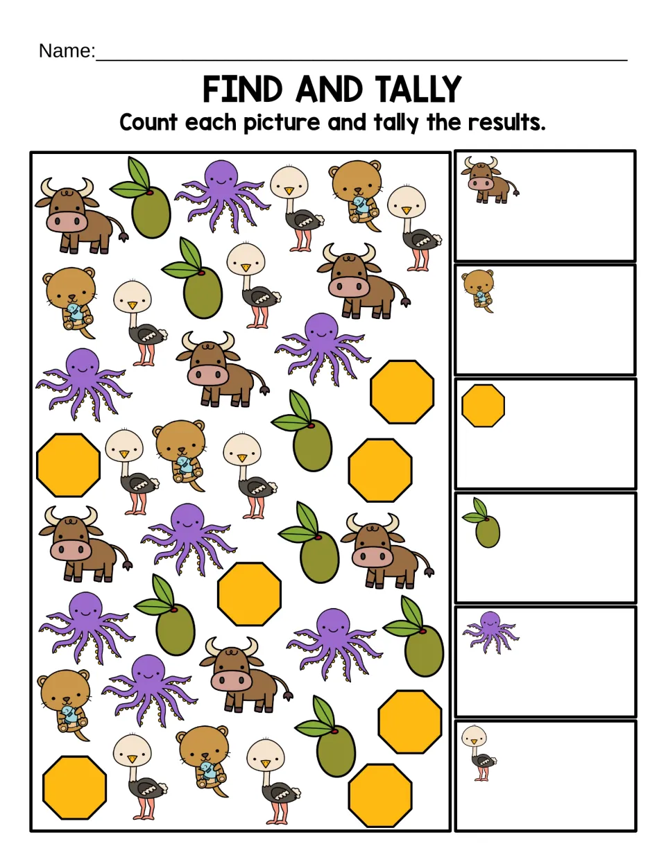 Find and Tally: count colored oxen, otters, octagons, olives, octopuses, and ostriches and record tallies.