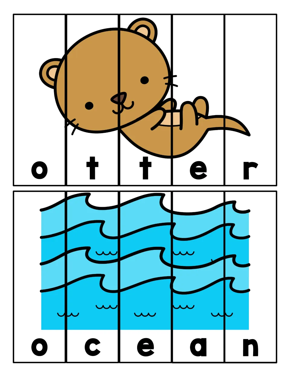 Words starting with o: students cut apart and order letter strips to rebuild an otter picture and ocean waves