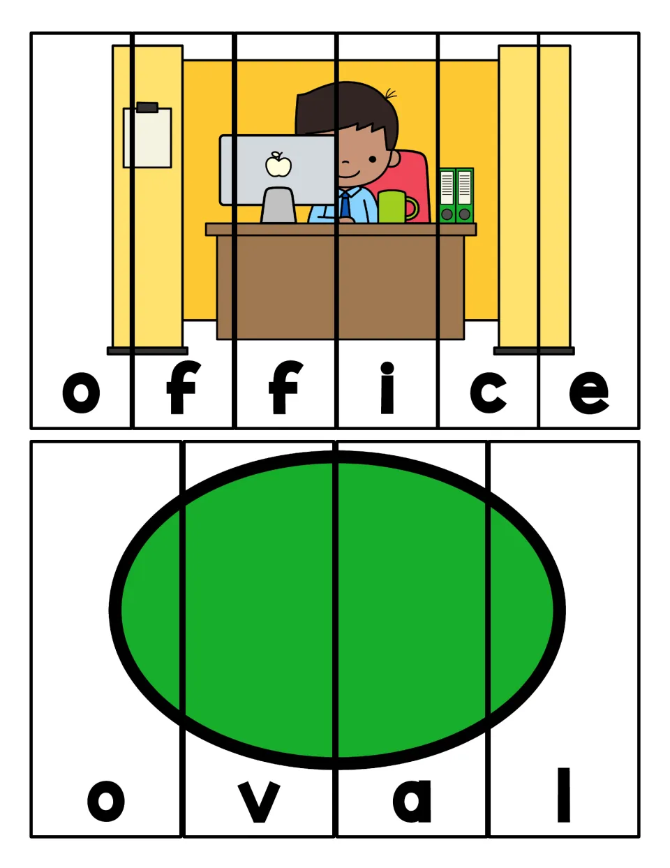 Office and oval: students sequence letter strips to spell each word, rebuilding a man at a desk and a green oval