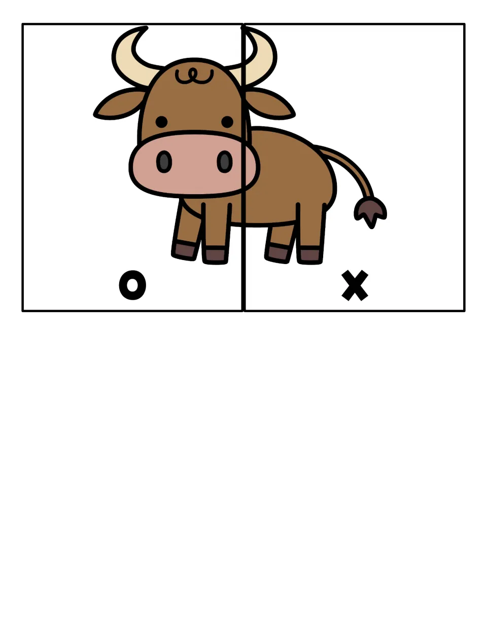 Ox picture split into two pieces labeled o and x; students match the halves to spell the two-letter word ox