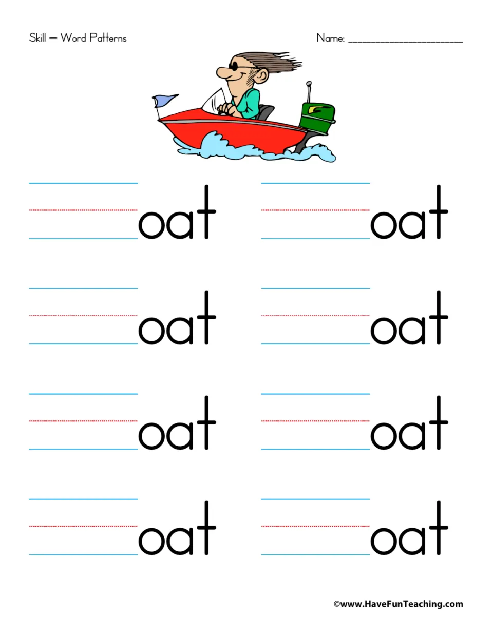 -oat word family: students add a beginning letter to oat eight times to build rhyming words, with a speedboat picture
