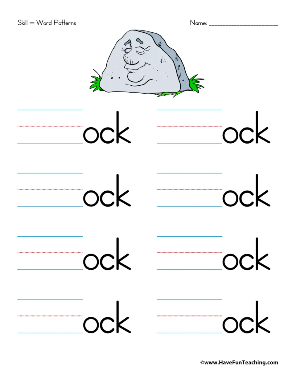 -ock word pattern: children write onsets before ock in eight spaces to form new words, pictured by a smiling cartoon rock