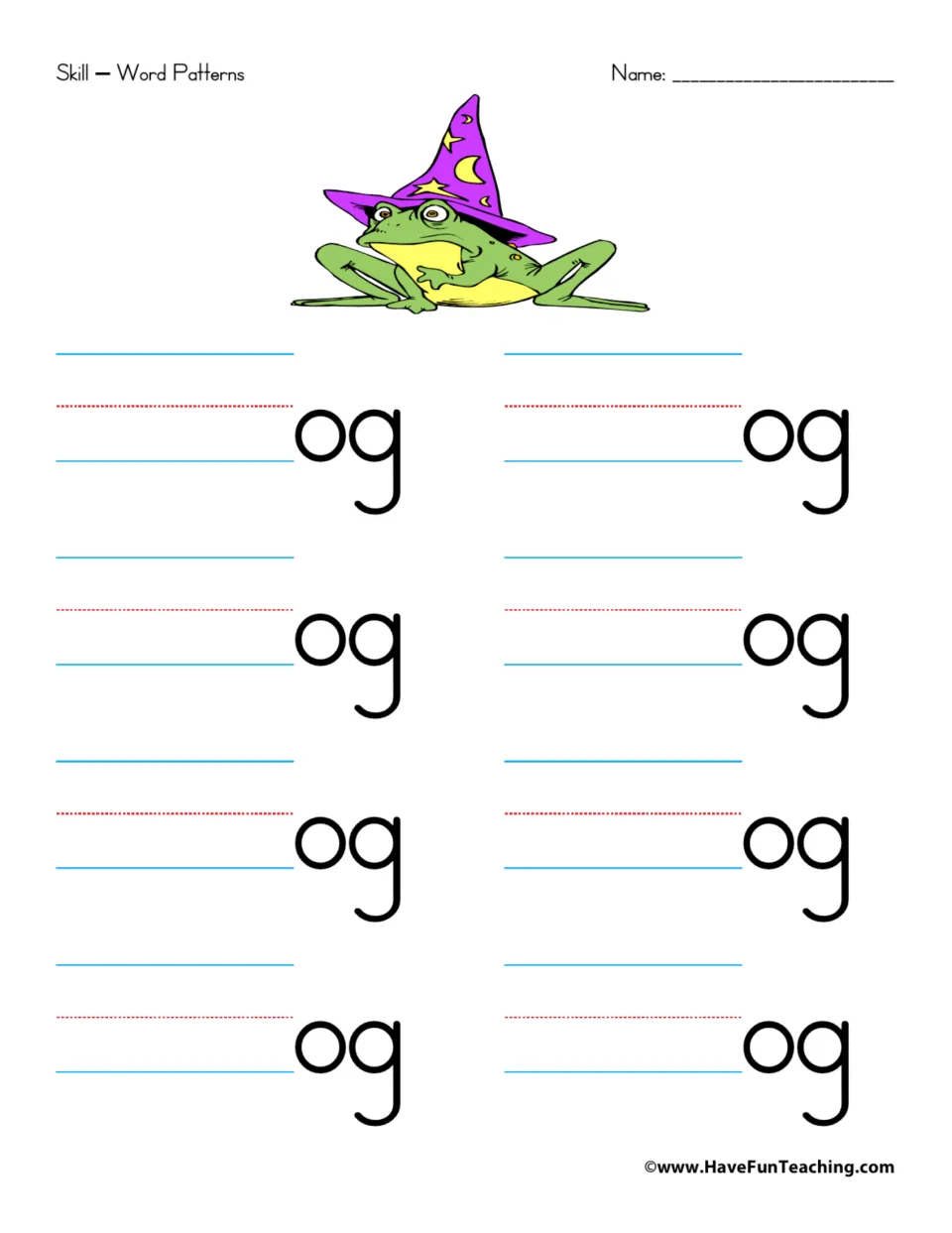 -og word family: learners fill in the first letter before og eight times to spell words, with a frog in a wizard hat