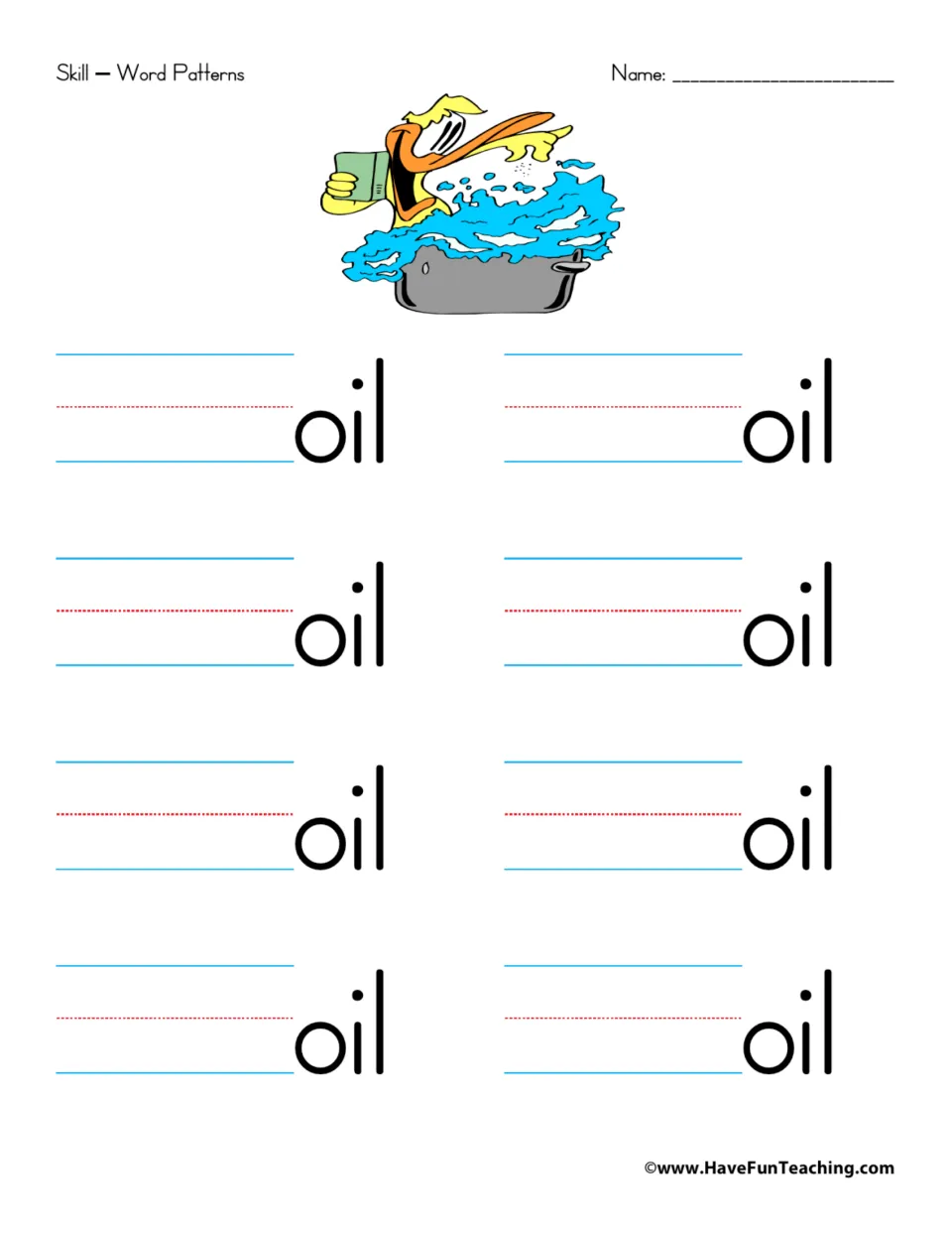 -oil word family: students write letters in front of oil eight times to make words, with a duck by a pot boiling over