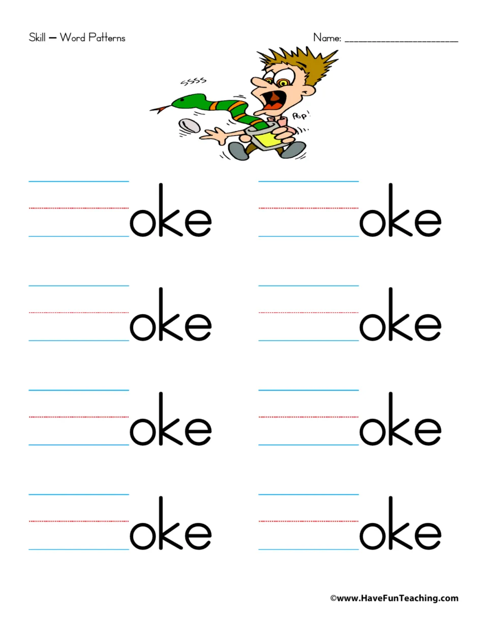 -oke word pattern: children complete eight words ending in oke by adding starting letters, with a boy startled by a snake