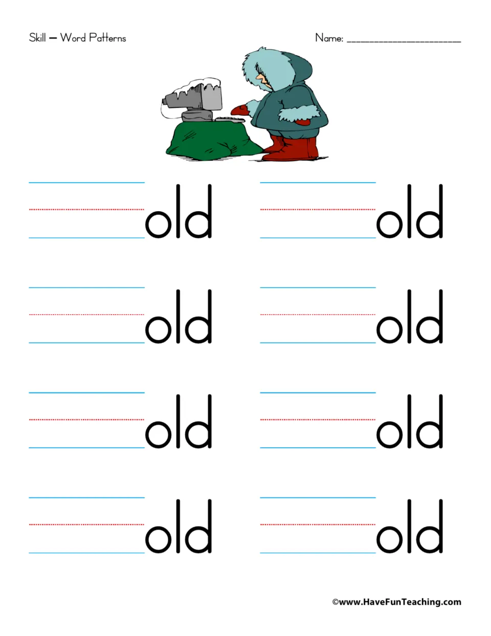 -old word family: learners add beginning sounds before old in eight spots to spell words, pictured by a person in a parka