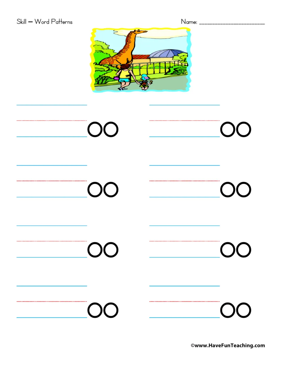 -oo word ending: students write letters before oo eight times to spell words, with a family at a zoo by a giraffe