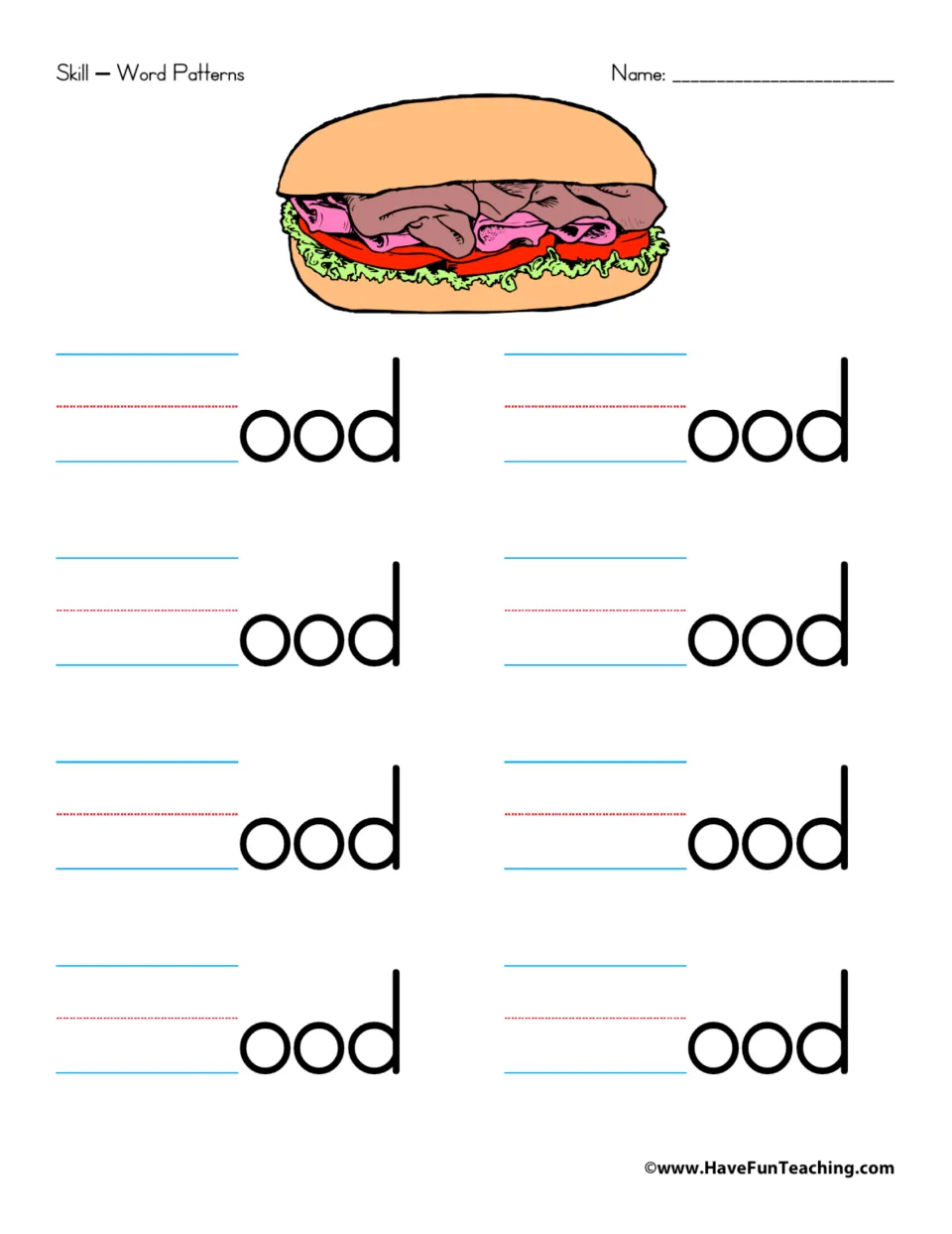 -ood word family: children fill in onsets before ood in eight spaces to form rhyming words, shown with a deli sandwich