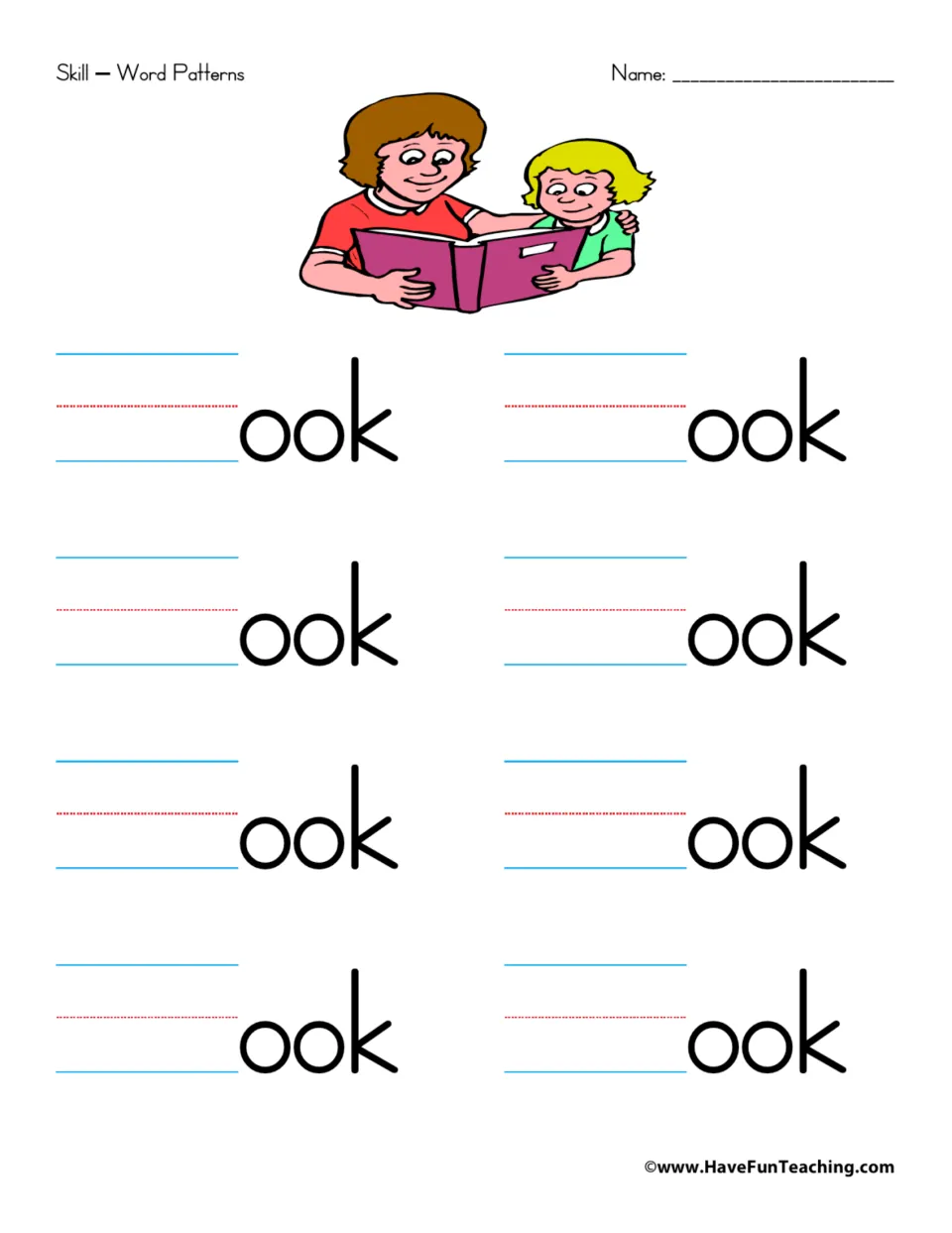 -ook word pattern: learners write starting letters before ook eight times to make words, with an adult and child reading
