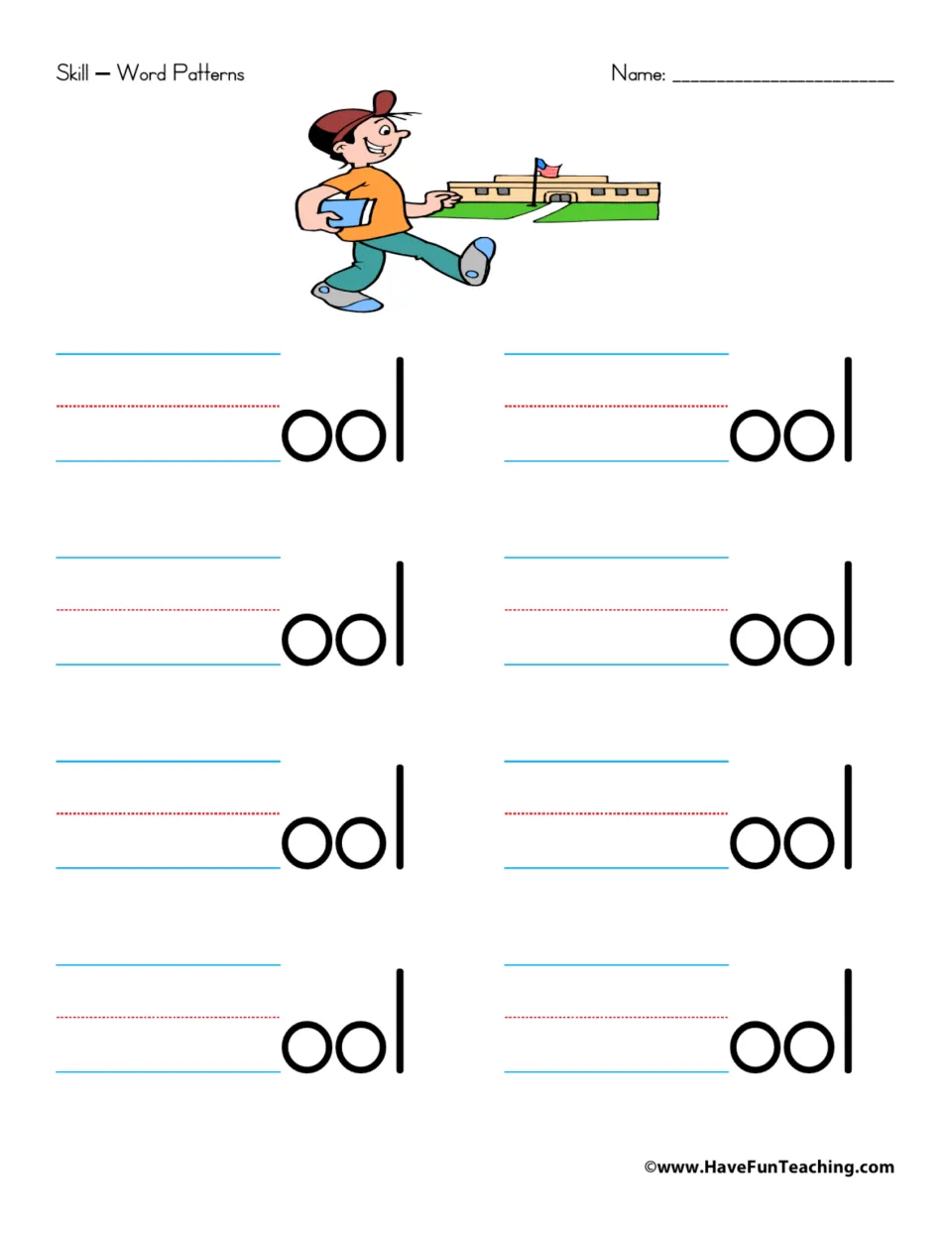 -ool word family: students add first letters before ool in eight spaces to build words, with a boy walking toward a school