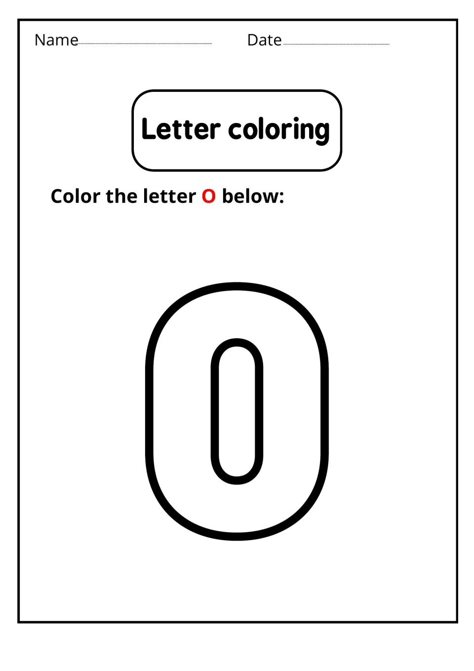 Uppercase O coloring activity featuring one large outlined capital letter O for students to color