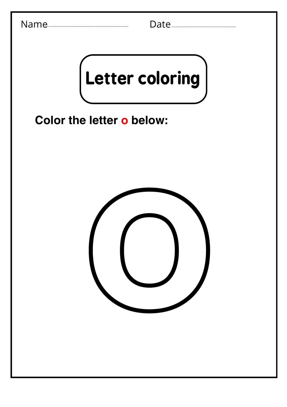 Lowercase o coloring activity featuring one large outlined small letter o for students to color