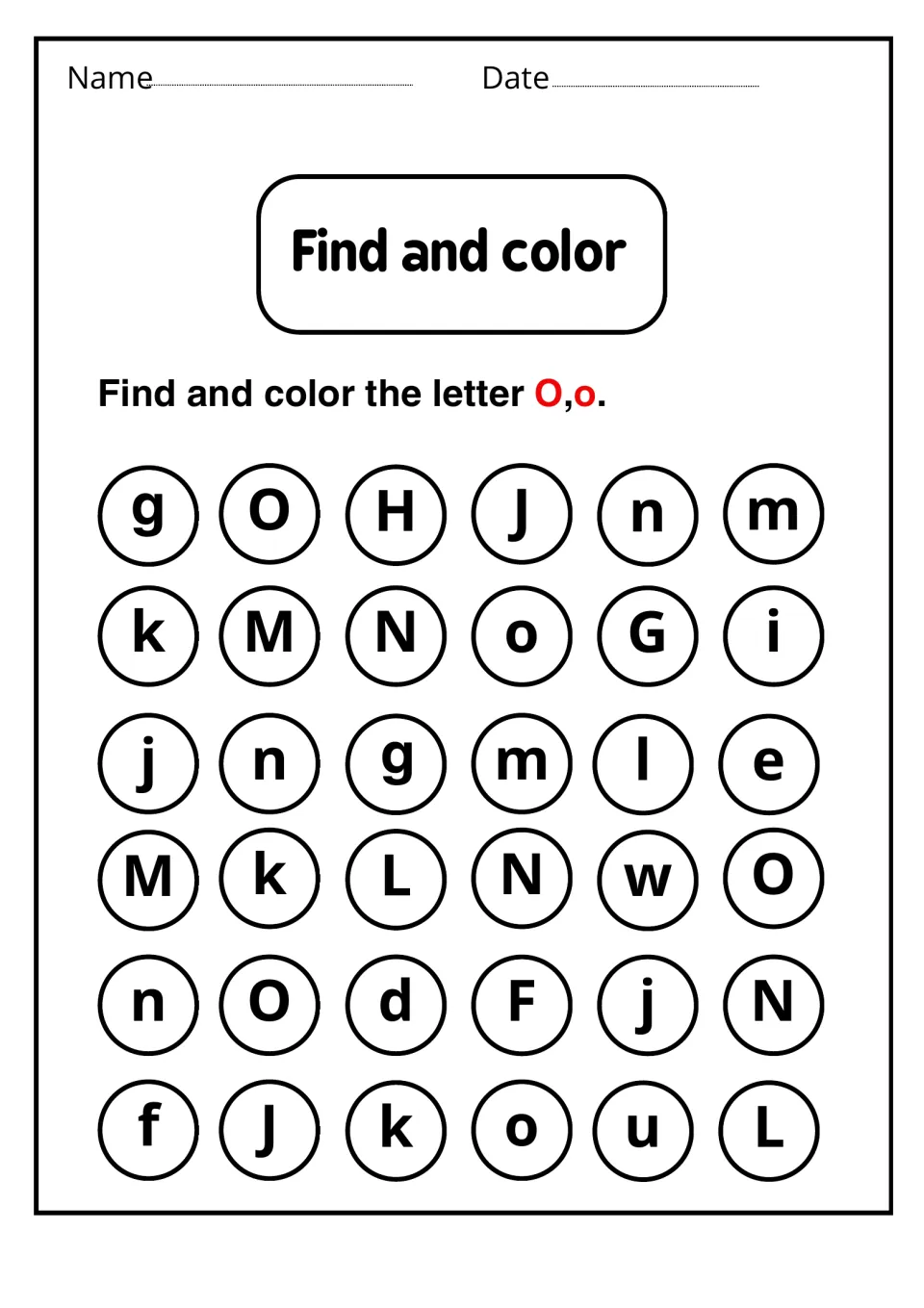 Letter O recognition activity asking students to find and color uppercase O and lowercase o among other letters