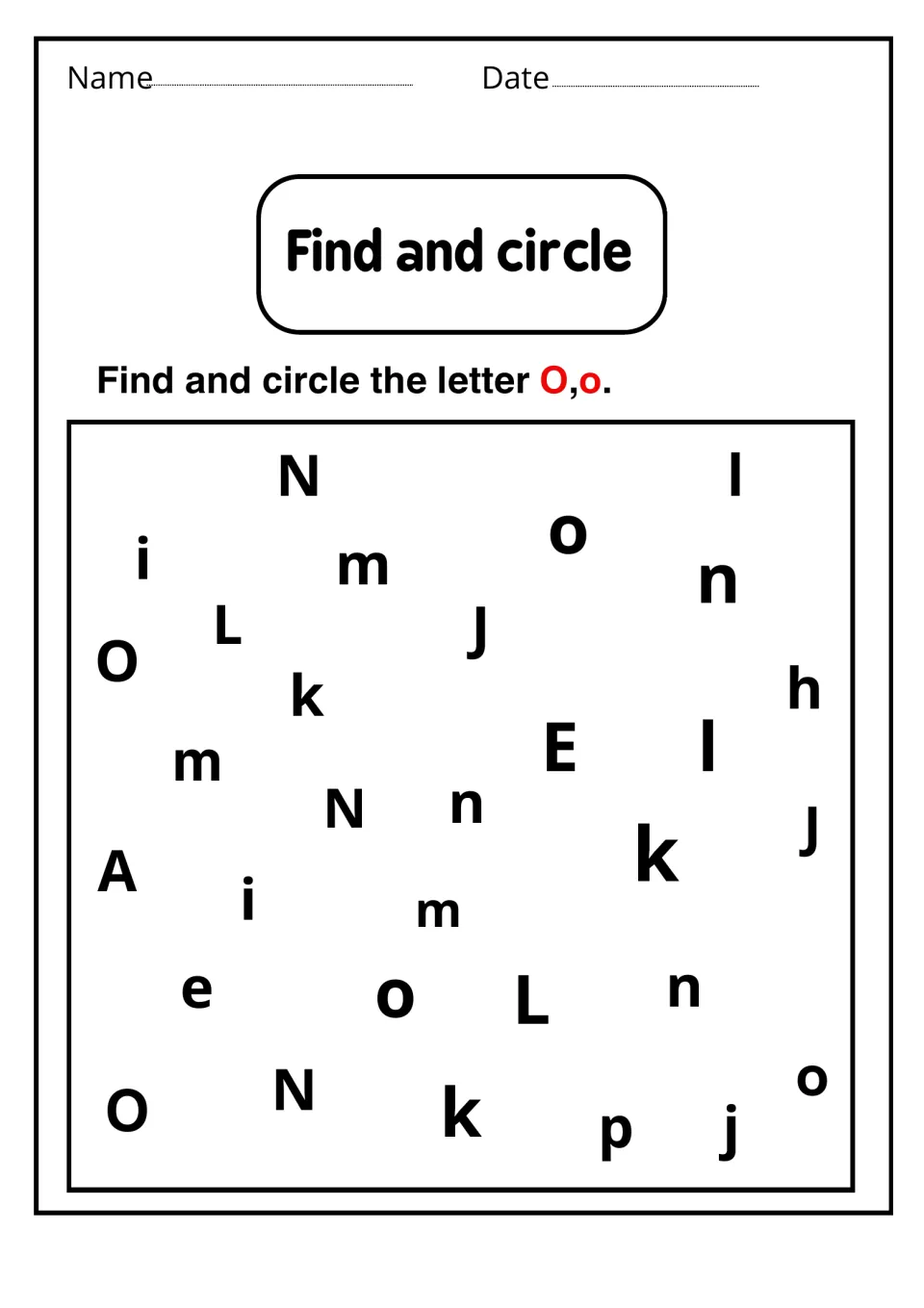Letter O recognition activity asking students to find and circle uppercase O and lowercase o among other letters