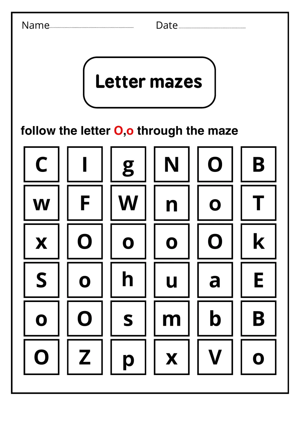 Letter O maze activity asking students to follow uppercase O and lowercase o through mixed alphabet letters