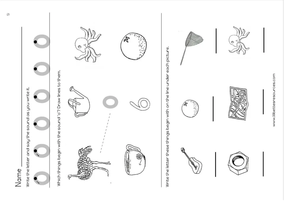 Initial sound o matching: students trace o, draw lines to pictures starting with o, and write first letters under objects