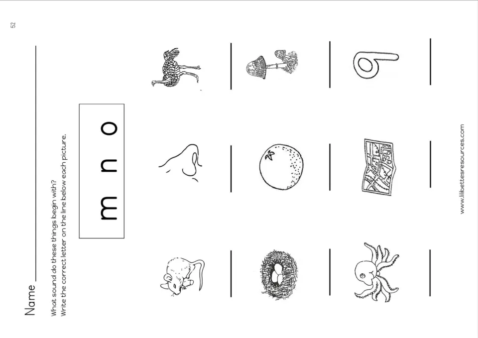 Review of m, n and o sounds: students name nine pictures such as mouse, nest and octopus and write the first letter of each