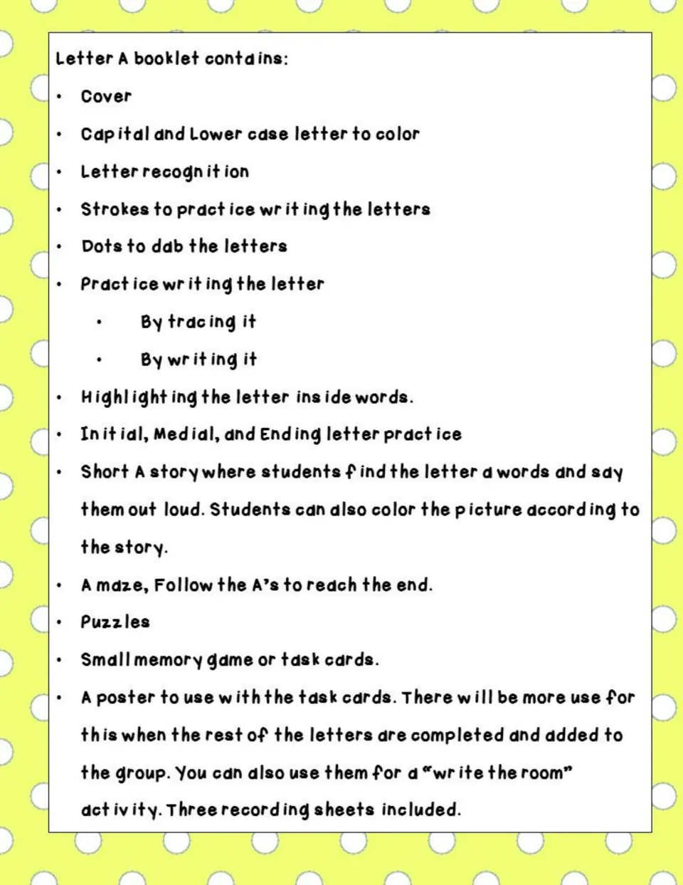 Contents for the letter A booklet: coloring, recognition, strokes, dabbing, tracing, a short A story, maze and task cards