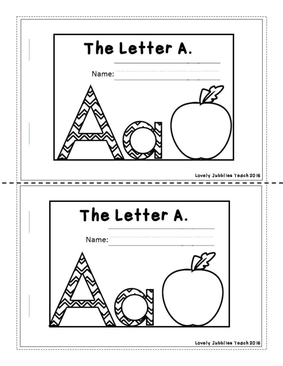 The Letter A booklet front: students write their name and color a large Aa and an apple; two half-page copies to cut apart