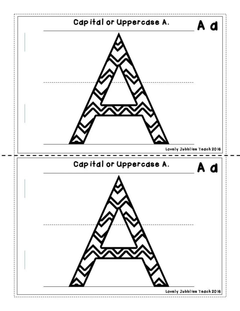 Capital or Uppercase A: students color a large chevron-patterned capital A; two half-page copies for the booklet