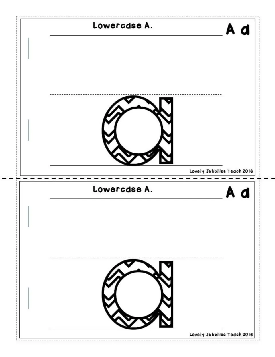 Lowercase A: students color a large chevron-patterned lowercase a sitting on the baseline; two half-page copies