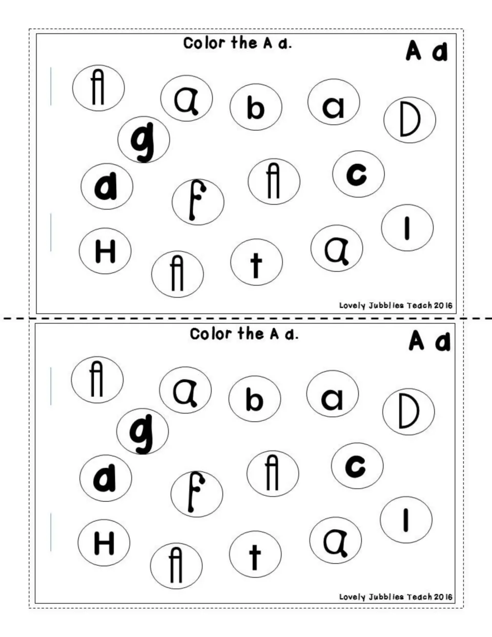 Color the A a: letter recognition as students find and color each A and a in varied fonts among b, c, d, f, g, H and t