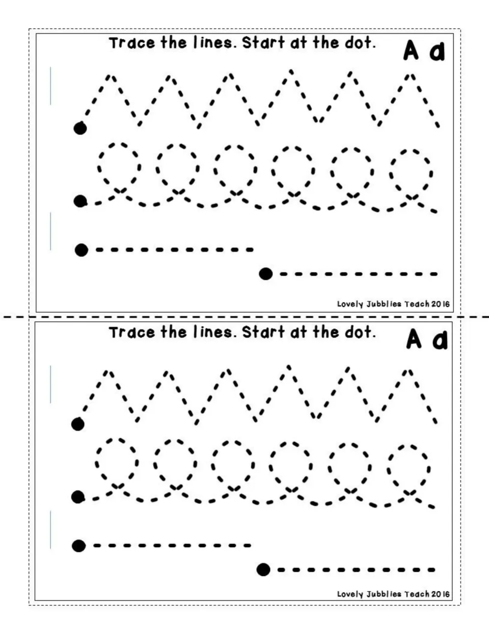 Pre-writing strokes for A: students trace dotted zigzag, loop and straight lines, starting each one at the dot