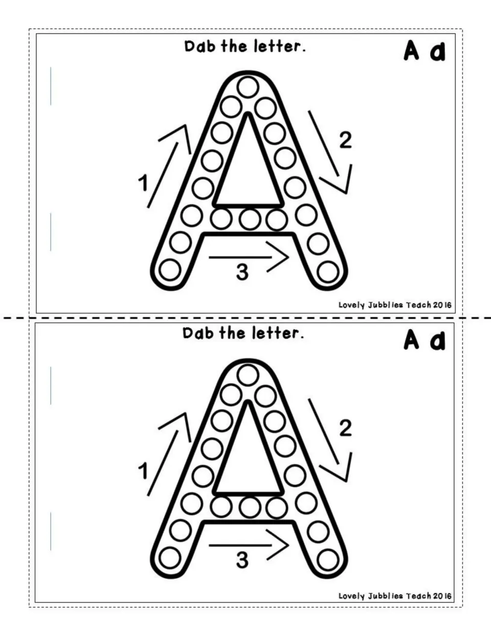 Dab the letter: students dab each dot inside a capital A, following numbered arrows 1 to 3 that show the stroke order