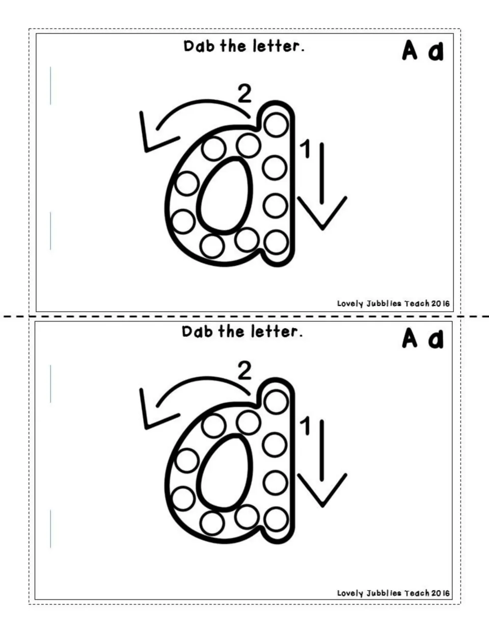 Dab the letter: students dab the circles inside a lowercase a, with arrows numbered 1 and 2 showing how to form the letter