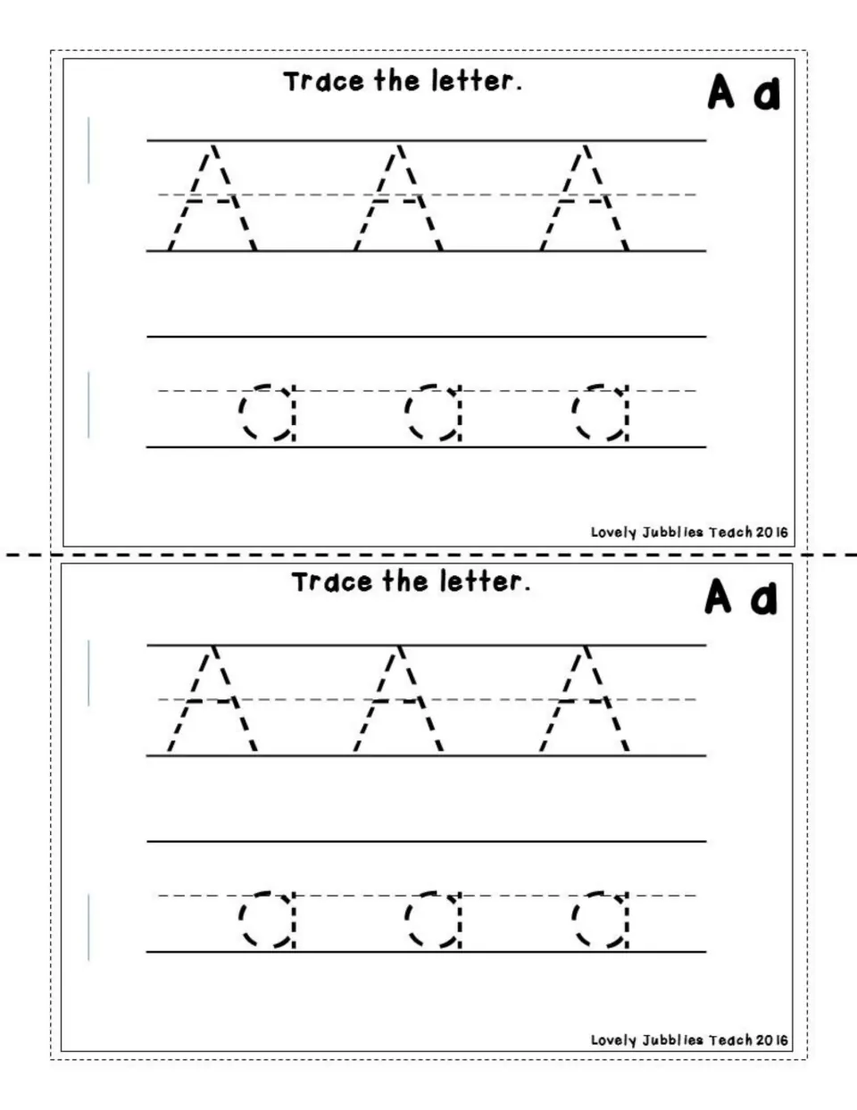 Trace the letter: handwriting practice where students trace three dashed capital A and three dashed lowercase a