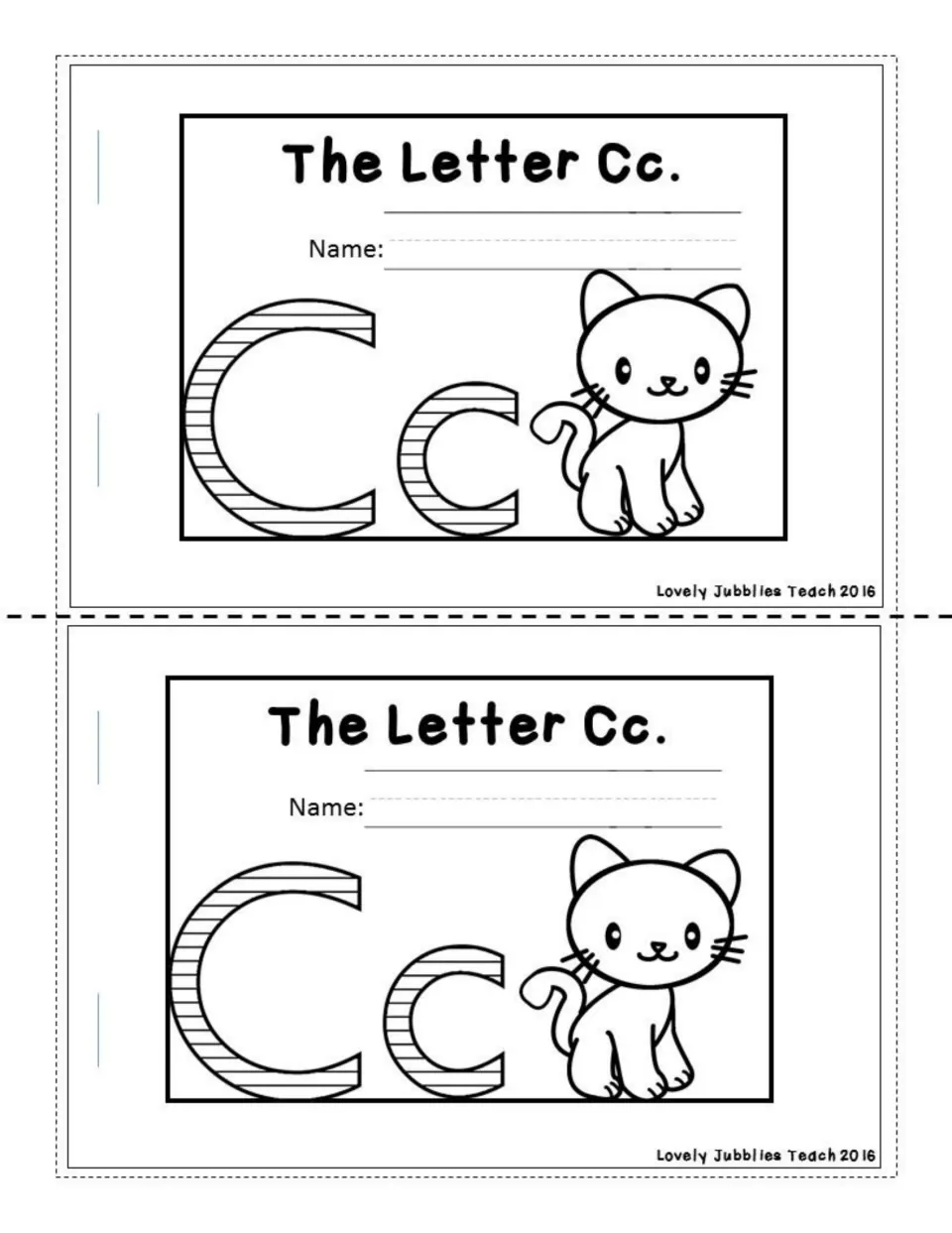 Booklet front page 'The Letter Cc.' with a Name line, a striped capital C and lowercase c and a cat outline to color in