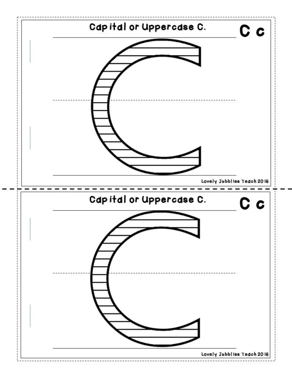 Capital or uppercase C: students color a large striped capital C sized to full letter height on handwriting guides