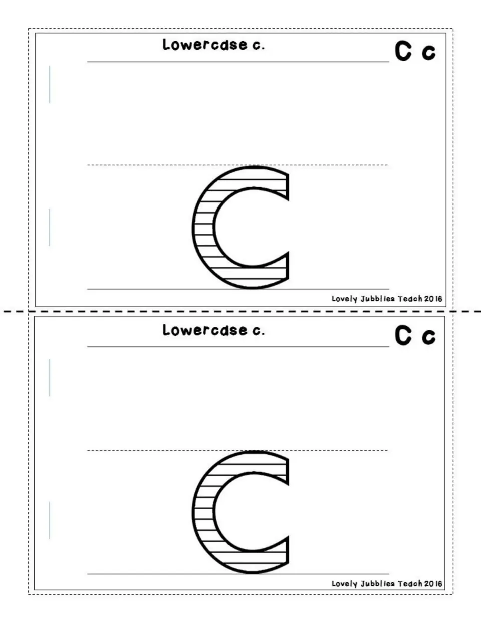 Lowercase c: students color a large outlined lowercase c sitting between the midline and baseline of handwriting lines