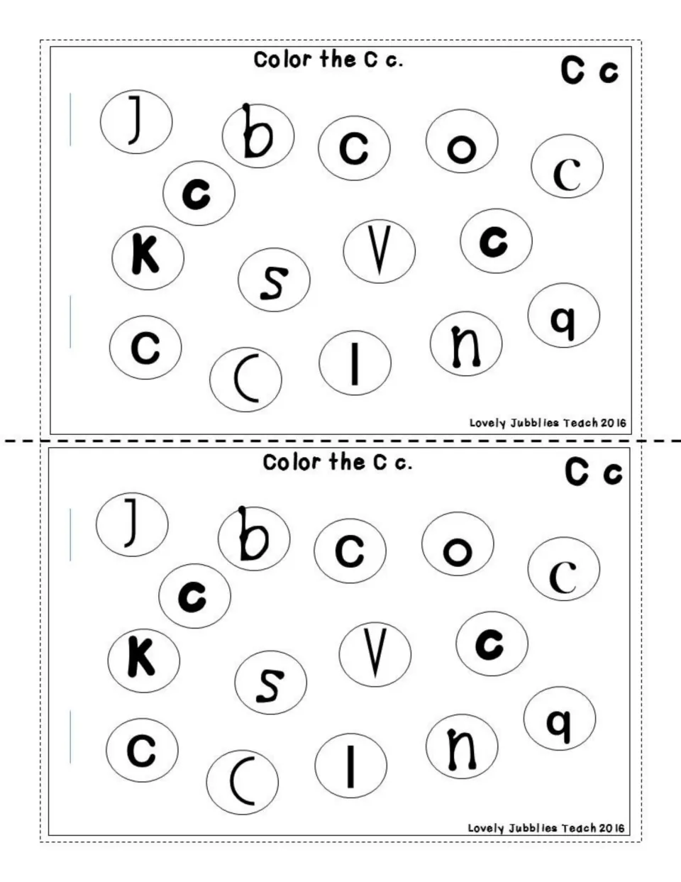 Letter recognition: 'Color the C c.' Students find and color each C and c in circles mixed with letters like b, k, o and q